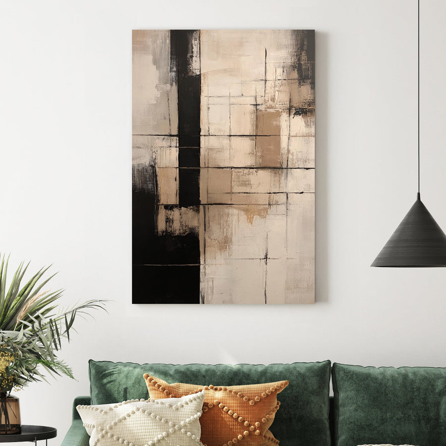abstract geometric painting in neutral beige and black tones