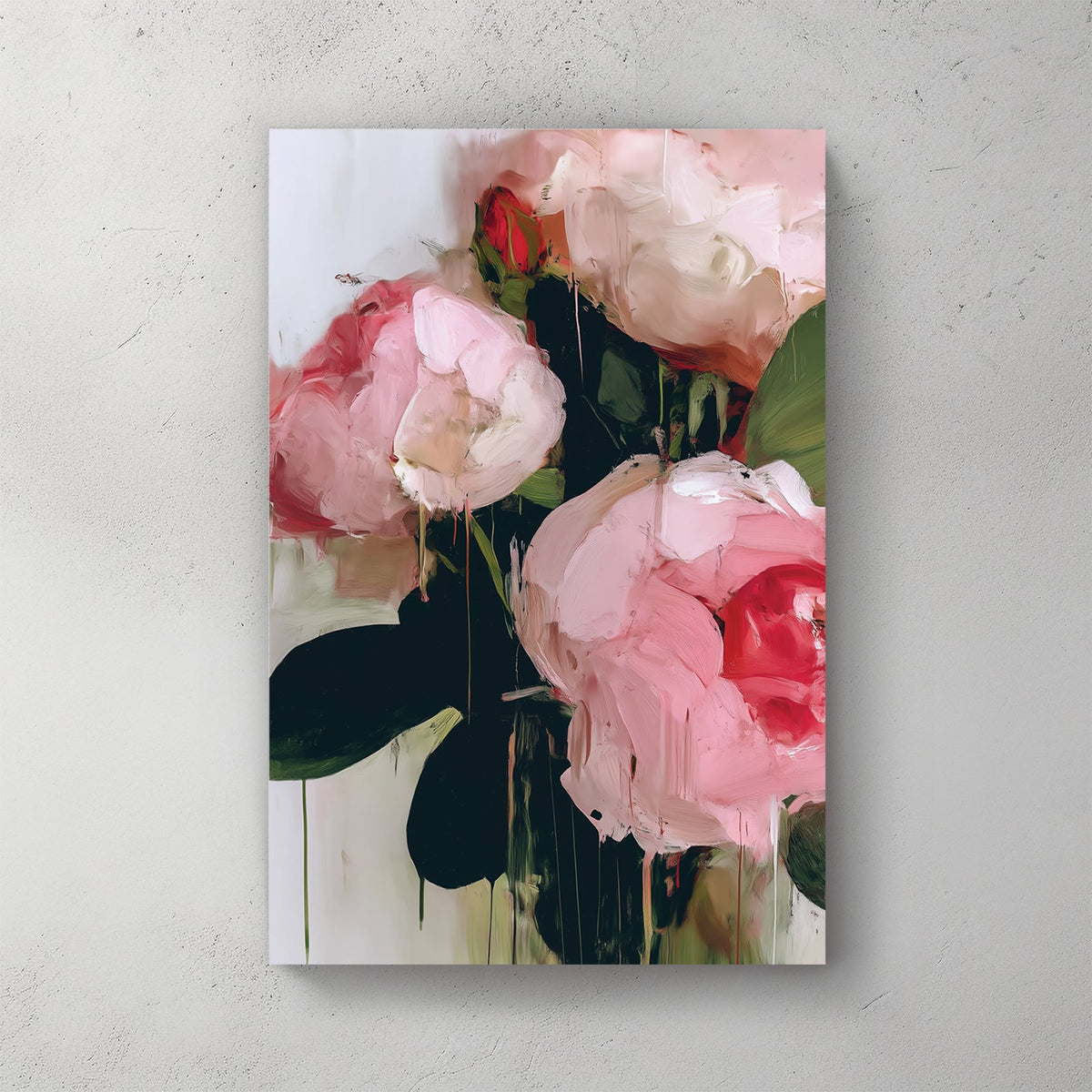 painterly pink and red floral bouquet wall art