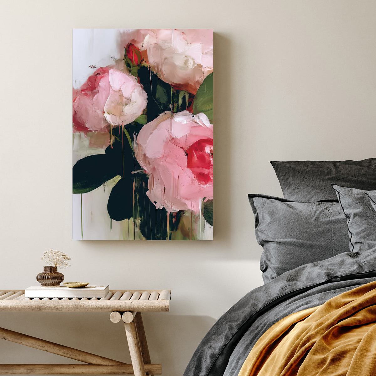 painterly pink and red floral bouquet wall art