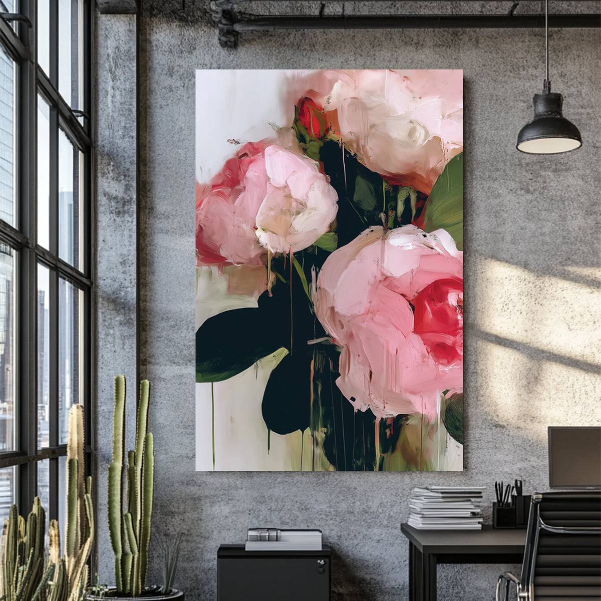 painterly pink and red floral bouquet wall art