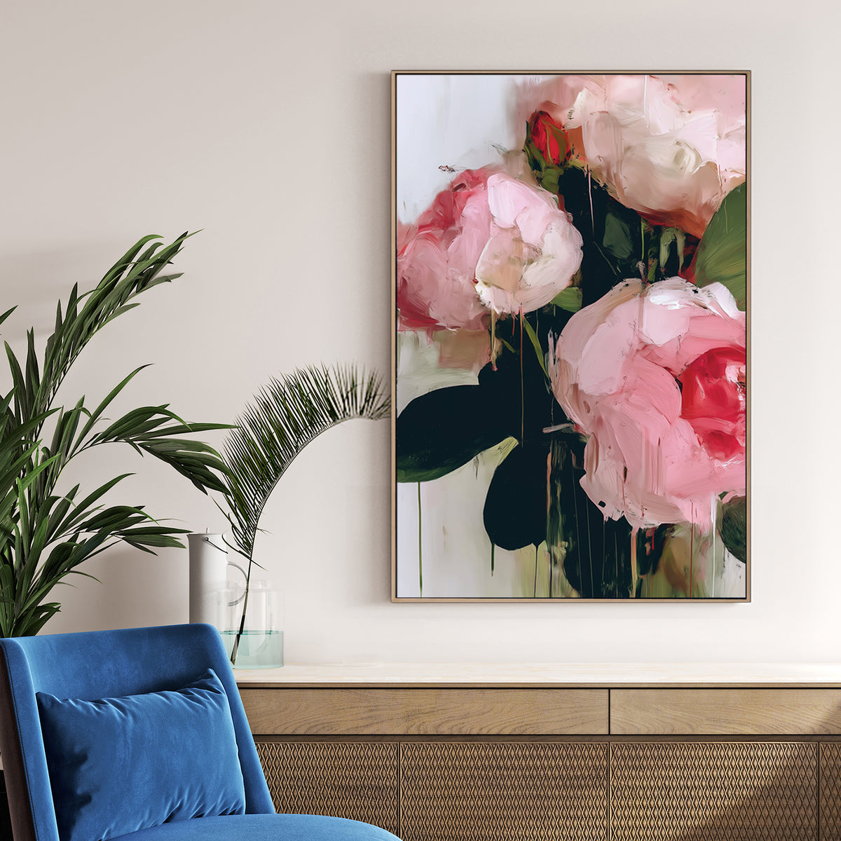 painterly pink and red floral bouquet wall art