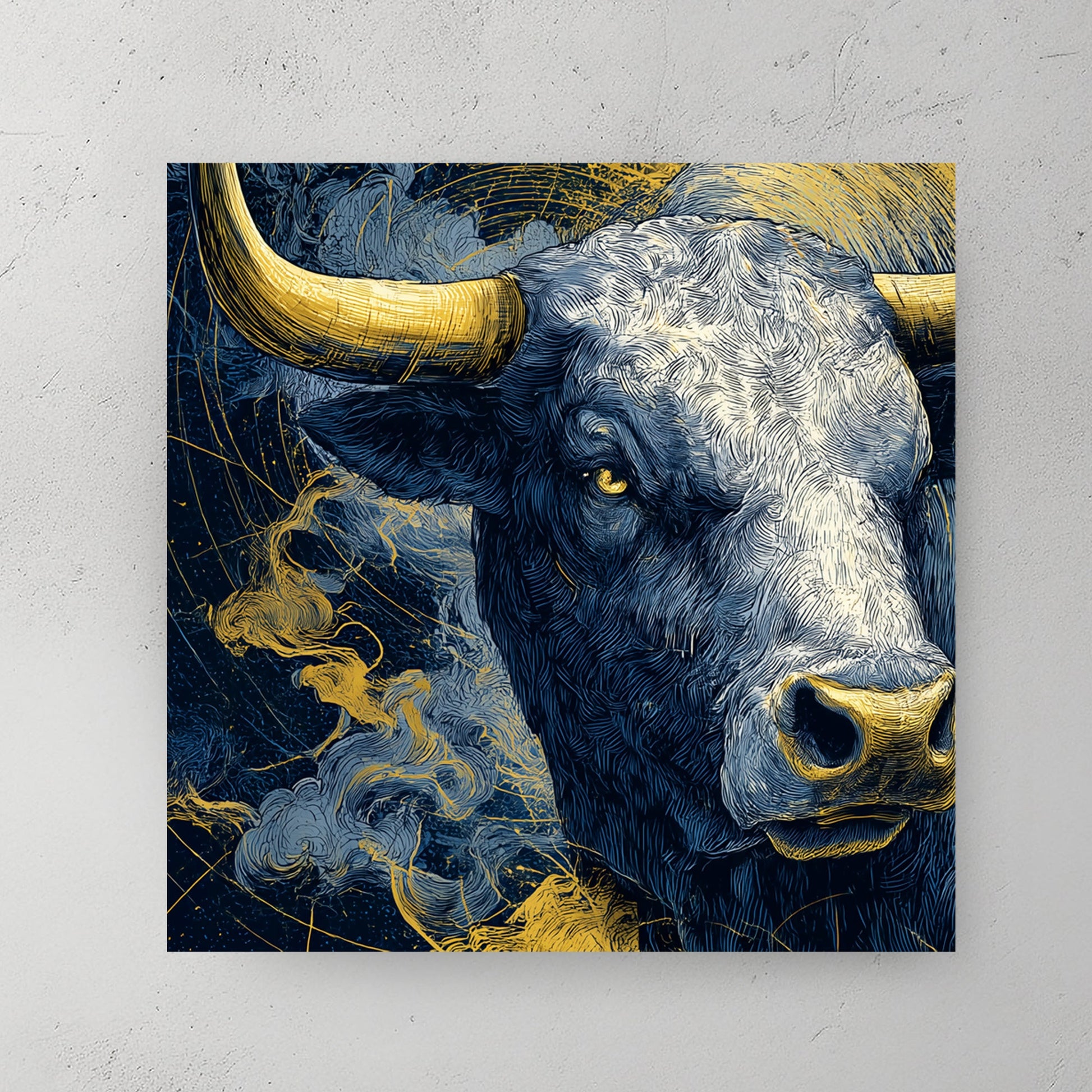 taurus zodiac bull blue and gold wall art