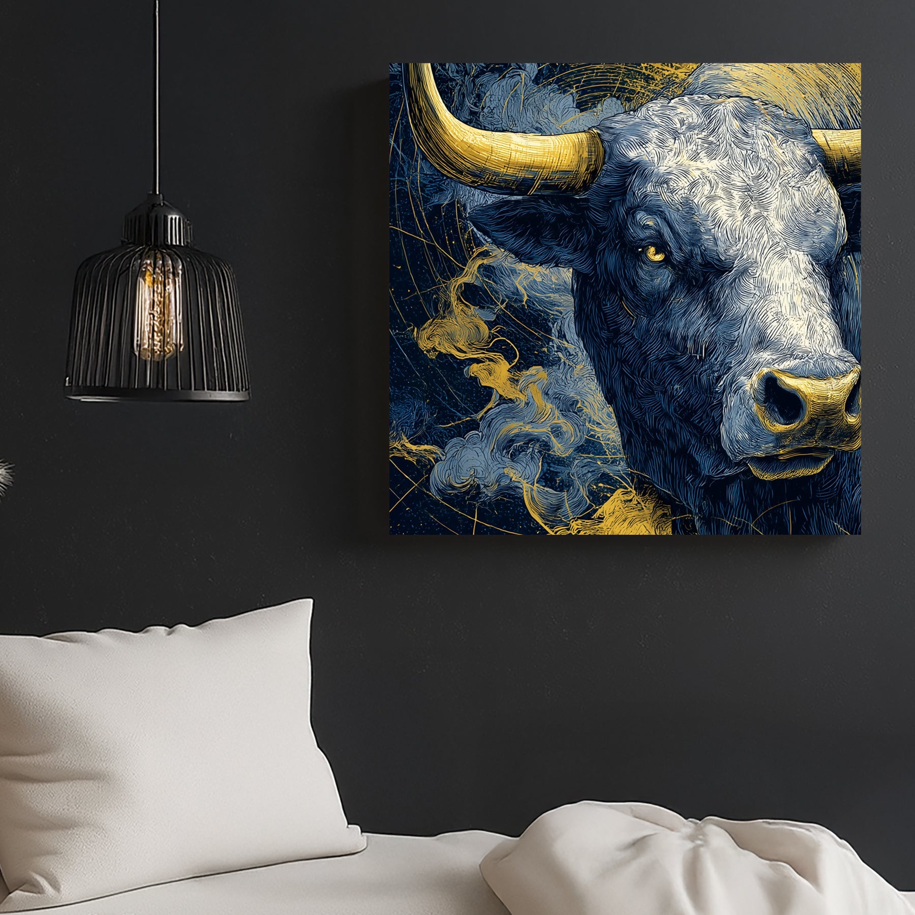 taurus zodiac bull blue and gold wall art