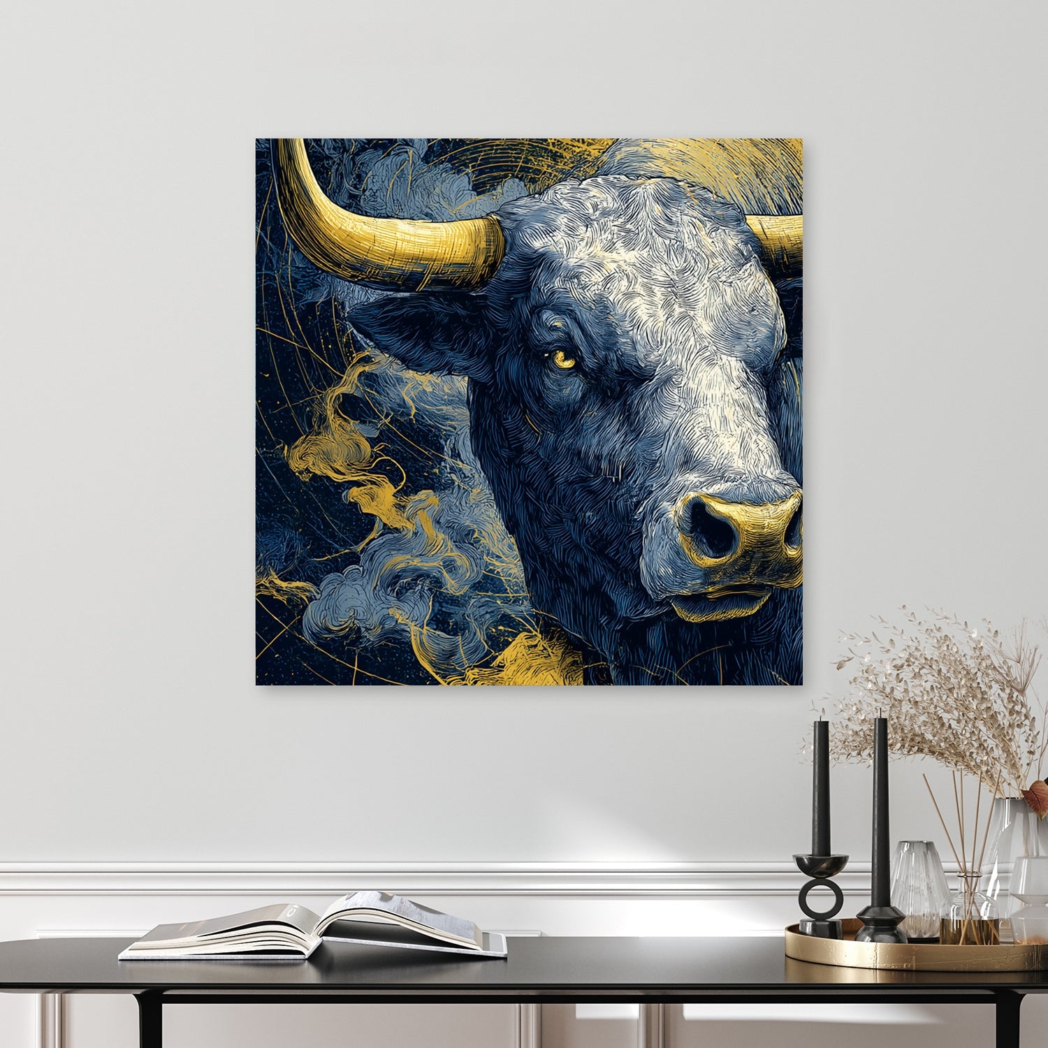 taurus zodiac bull blue and gold wall art