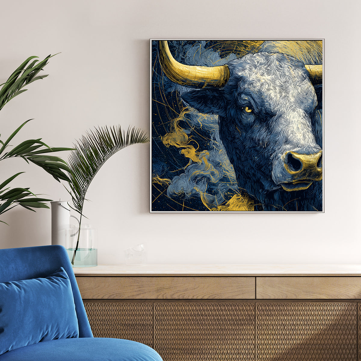 taurus zodiac bull blue and gold wall art