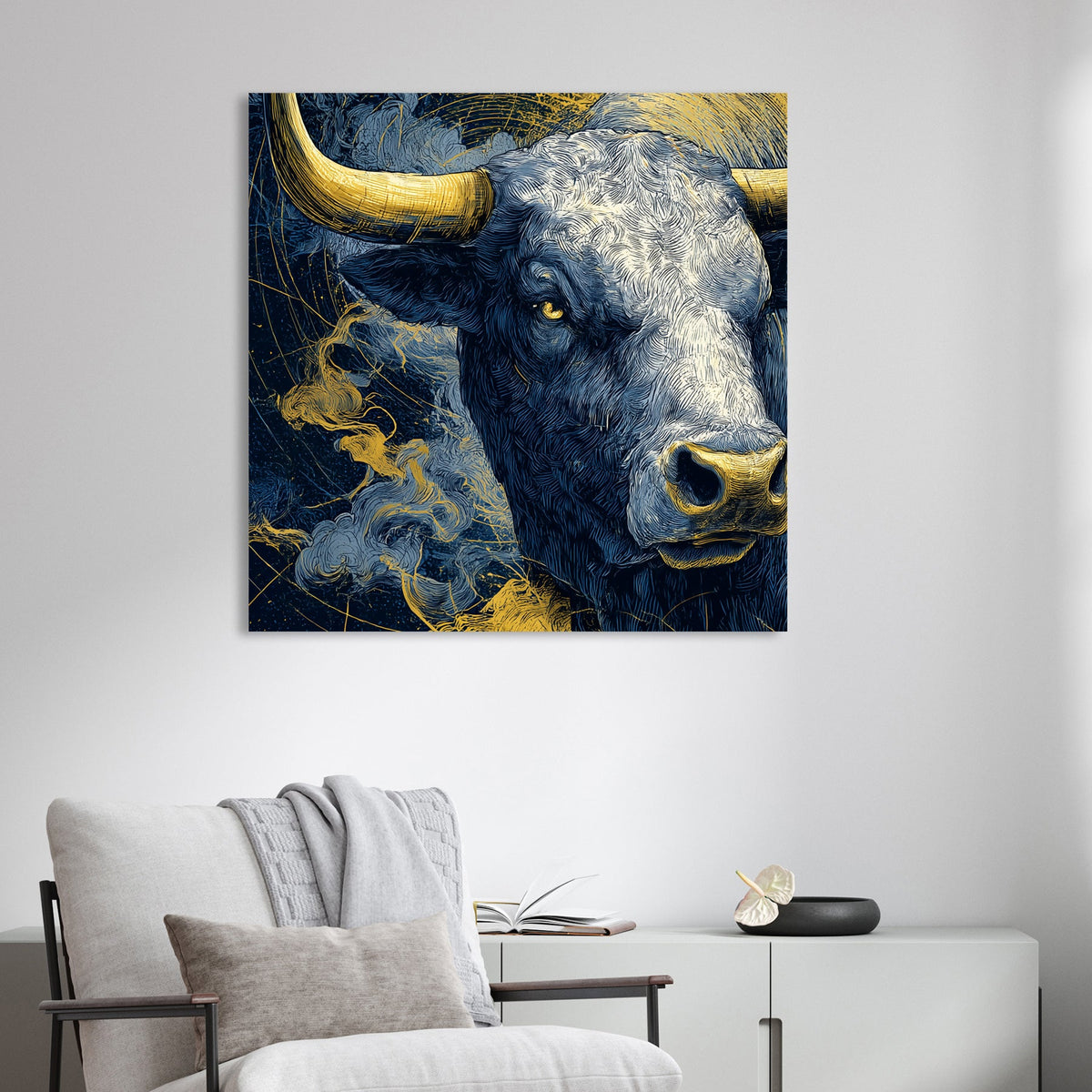 taurus zodiac bull blue and gold wall art