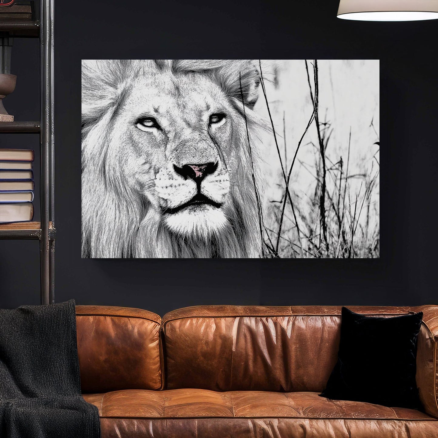 black and white lion wall art with intense gaze