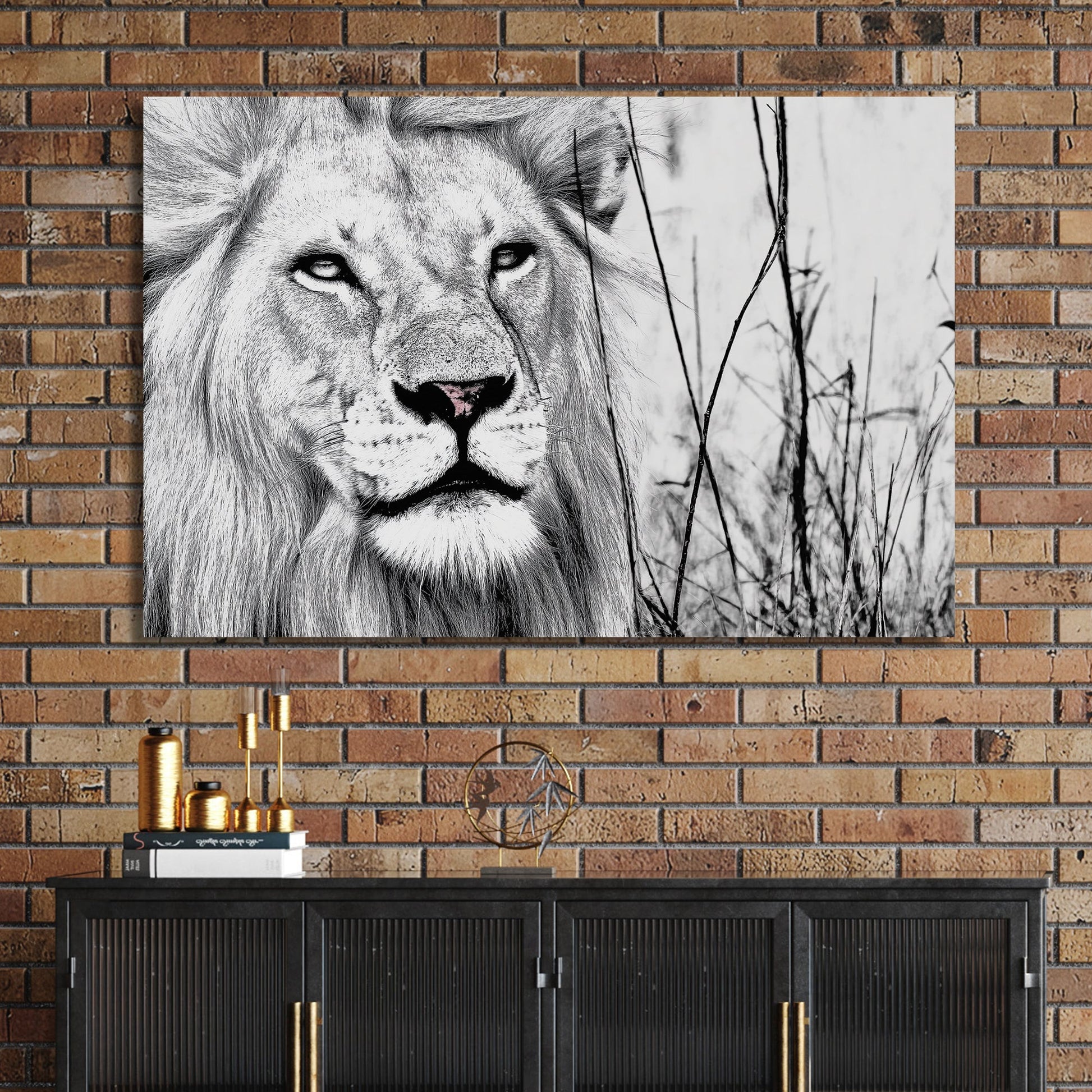 black and white lion wall art with intense gaze