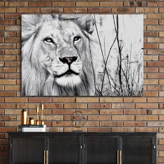 black and white lion wall art with intense gaze