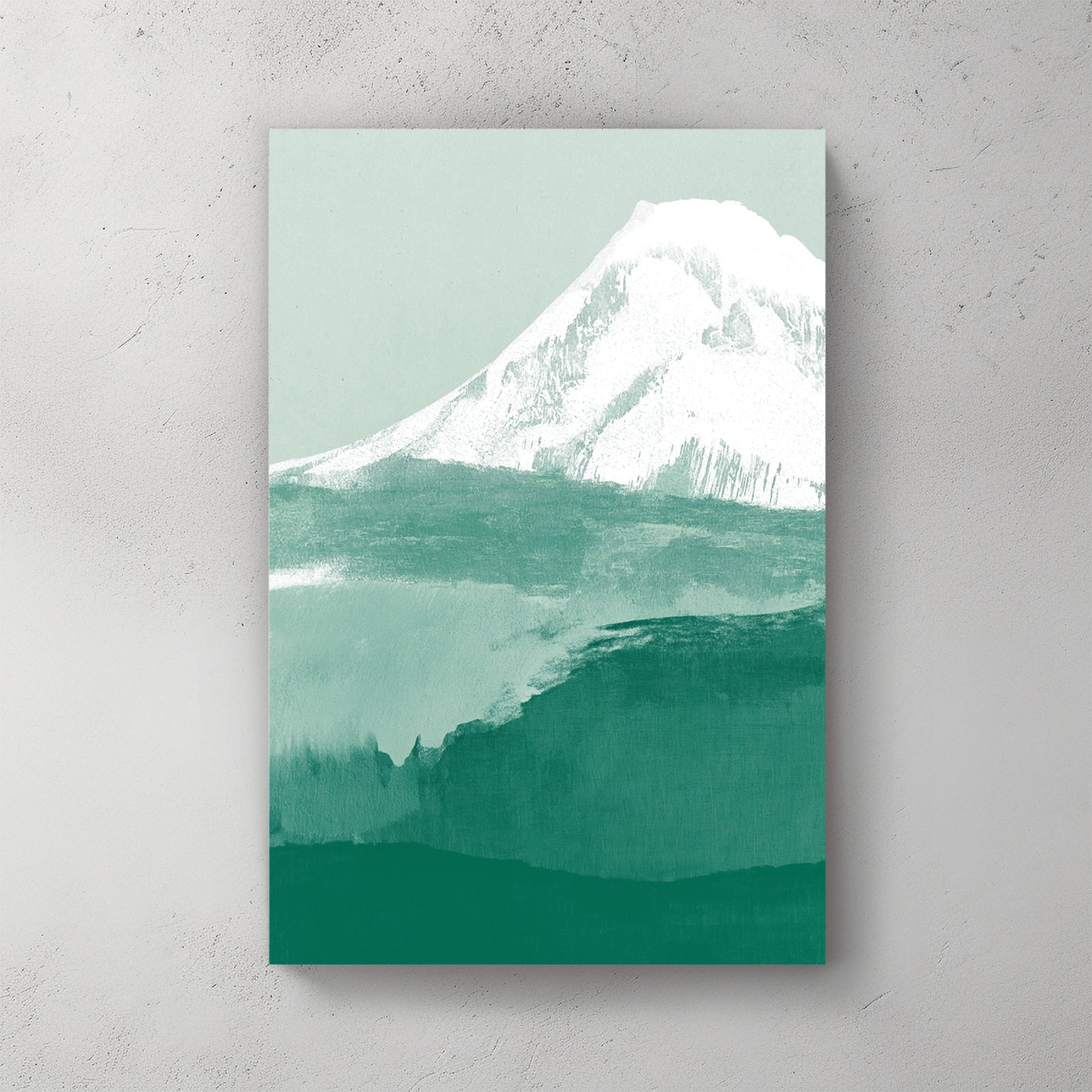 minimalist mountain landscape wall art in green and white tones