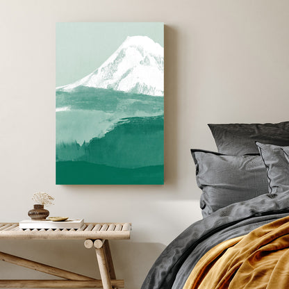 minimalist mountain landscape wall art in green and white tones