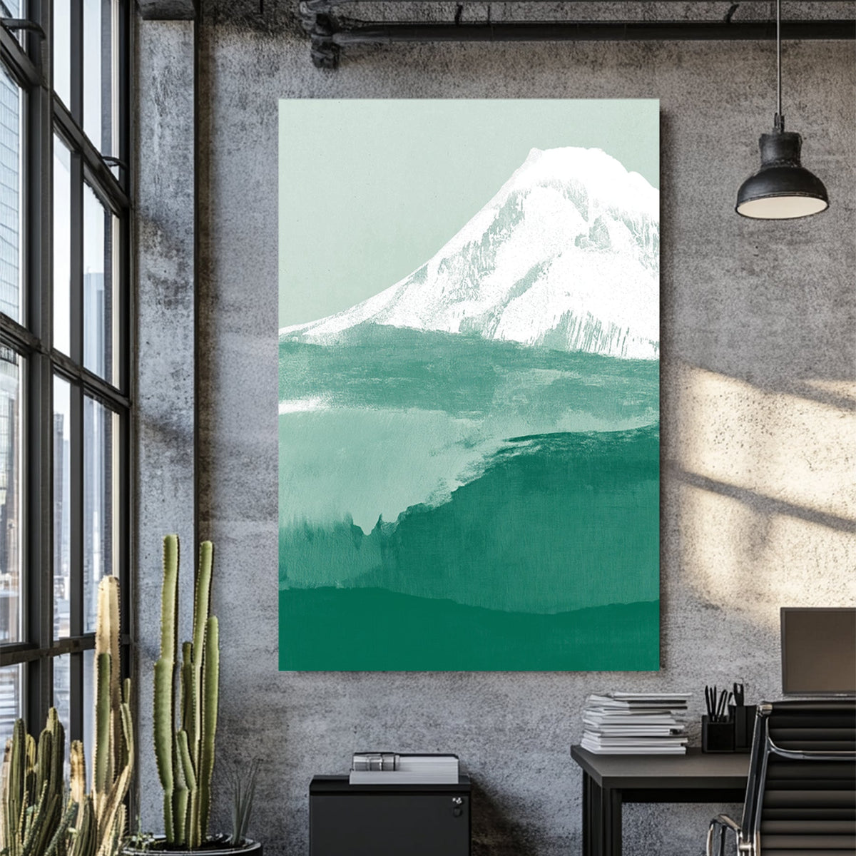 minimalist mountain landscape wall art in green and white tones