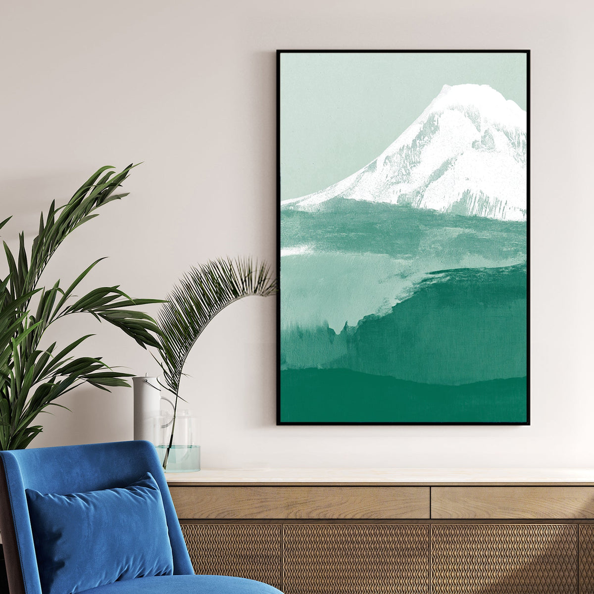 minimalist mountain landscape wall art in green and white tones