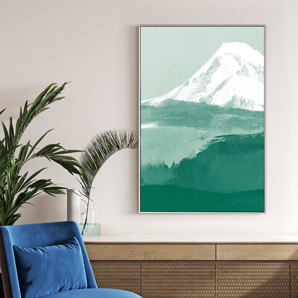minimalist mountain landscape wall art in green and white tones
