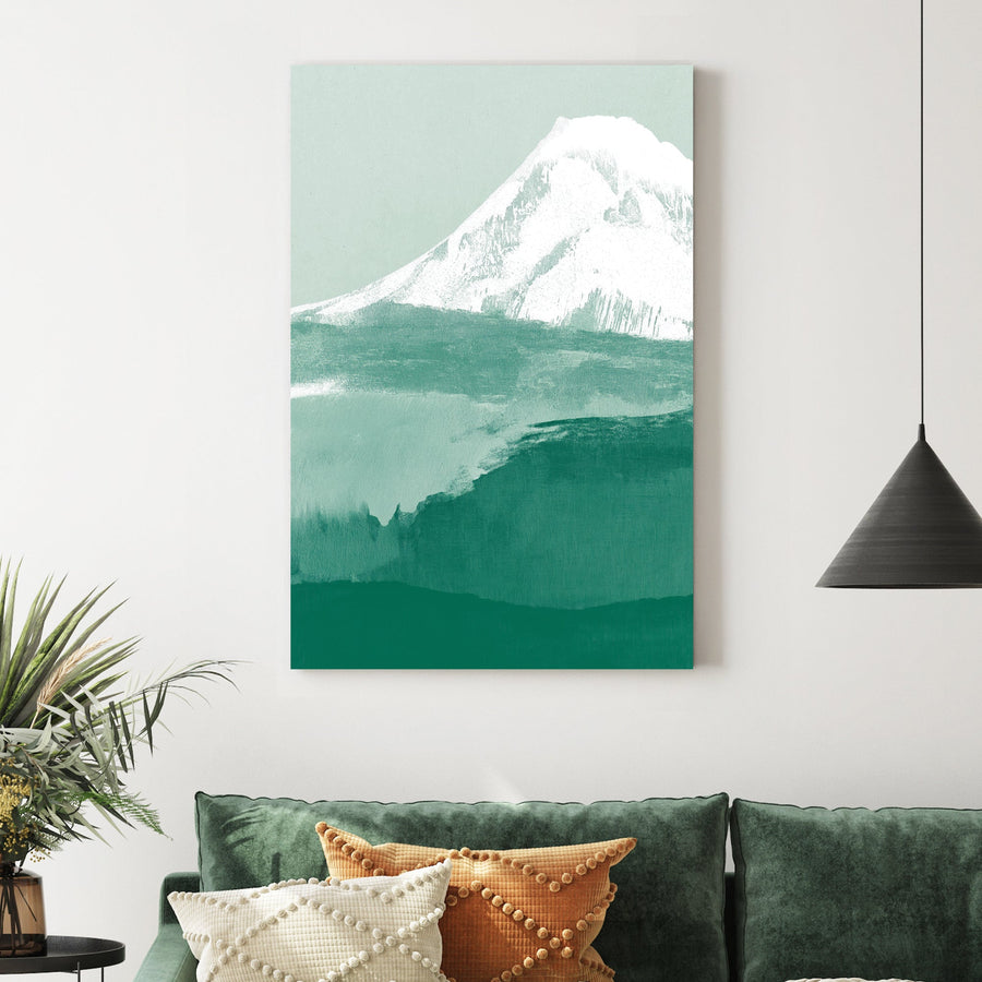 minimalist mountain landscape wall art in green and white tones