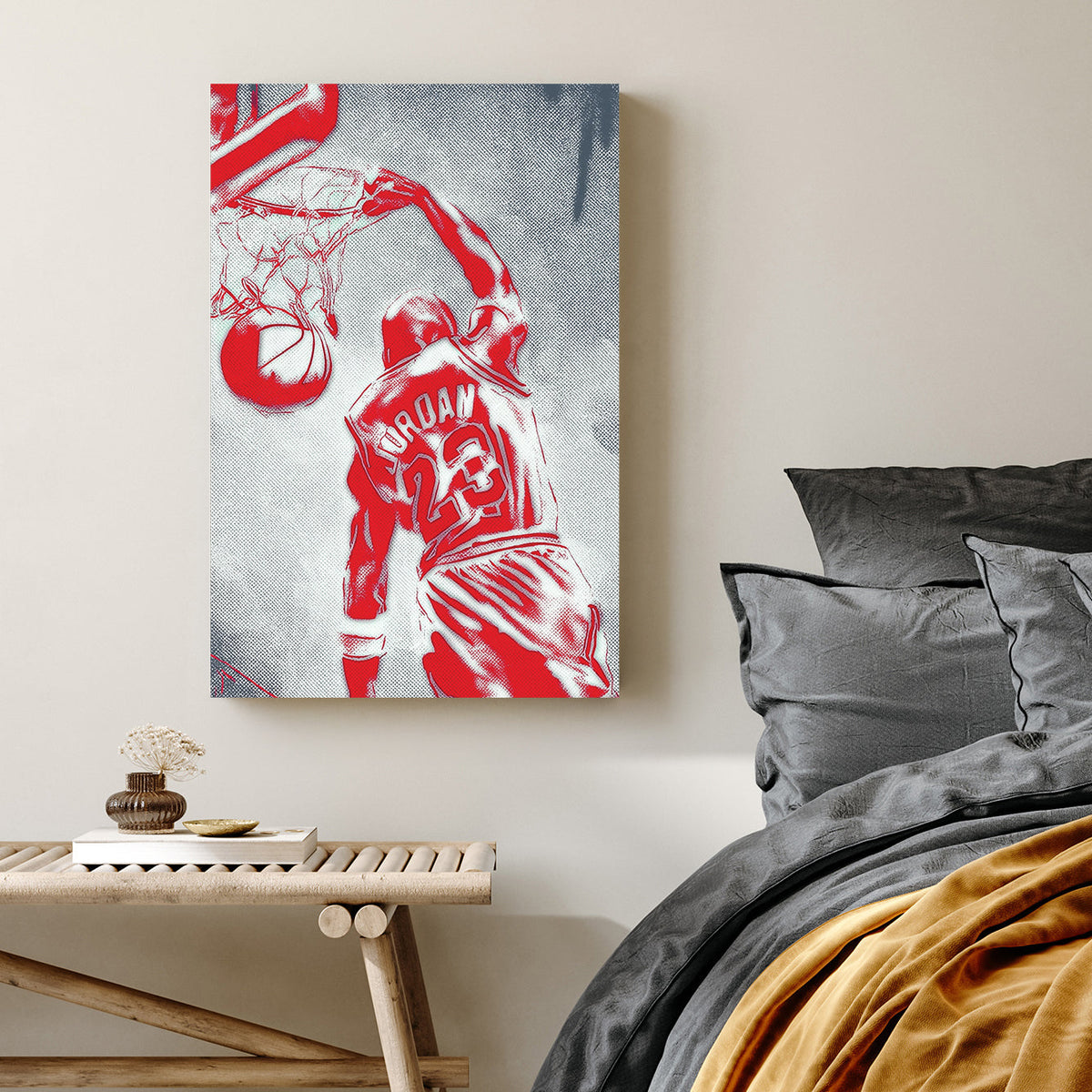 michael jordan dunk wall art in red pop-art style