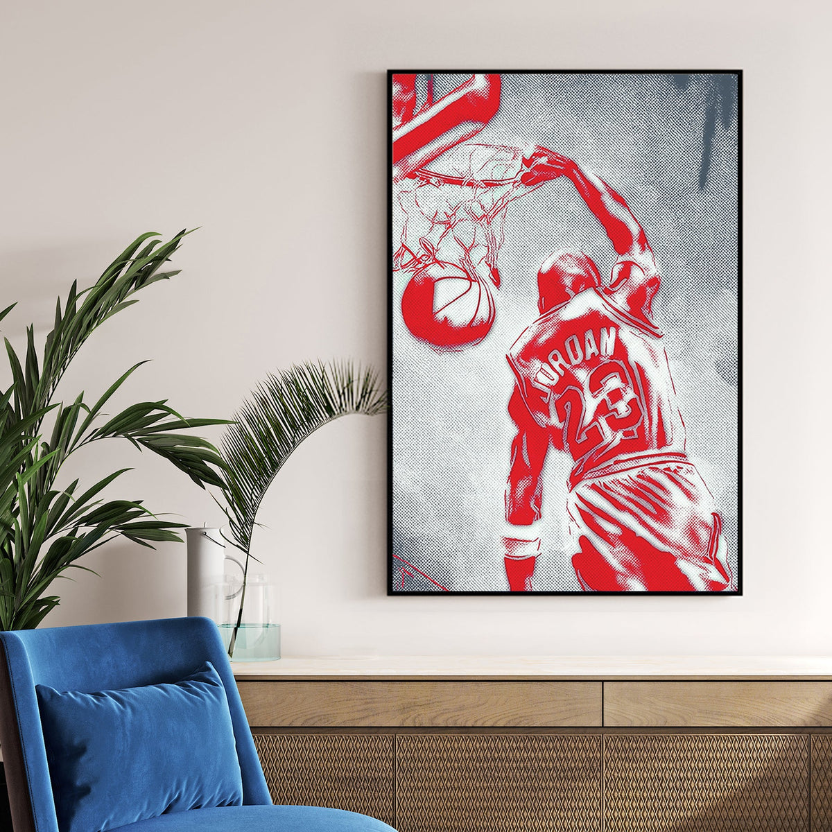 michael jordan dunk wall art in red pop-art style