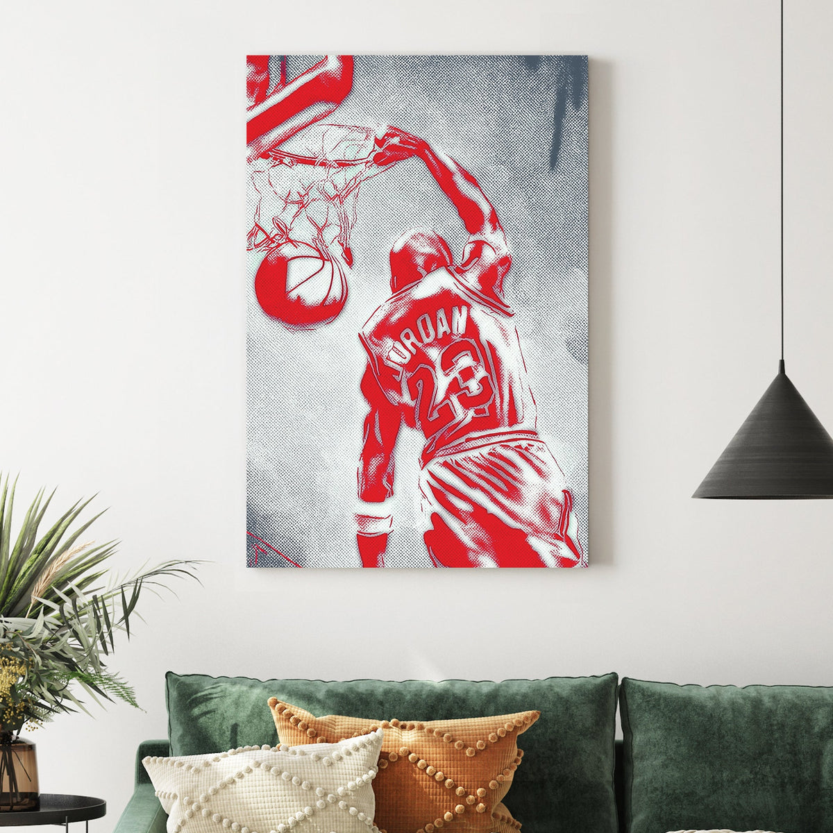 michael jordan dunk wall art in red pop-art style