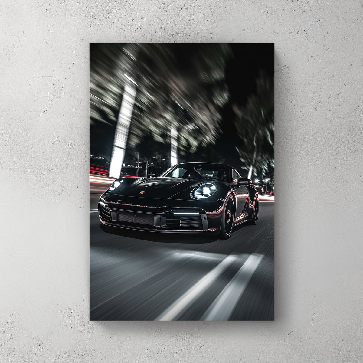 porsche wall art with night motion blur effect