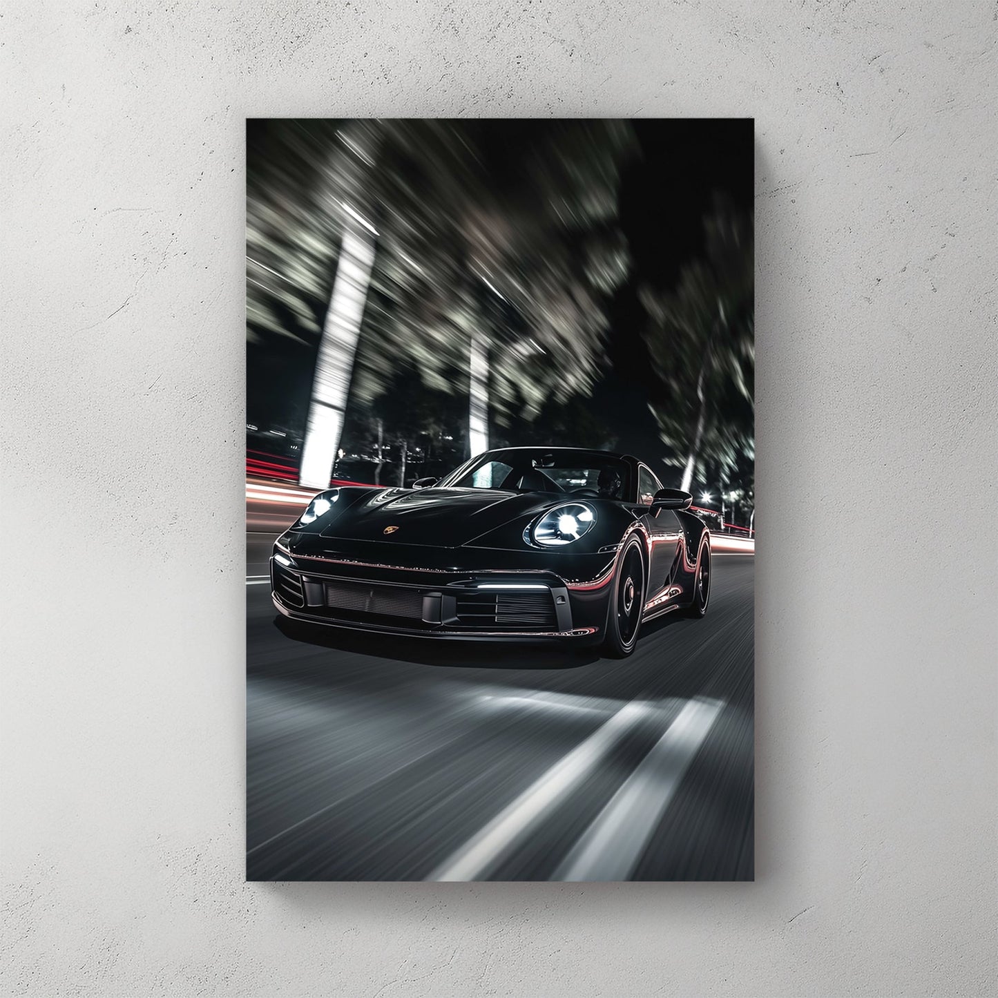 porsche wall art with night motion blur effect