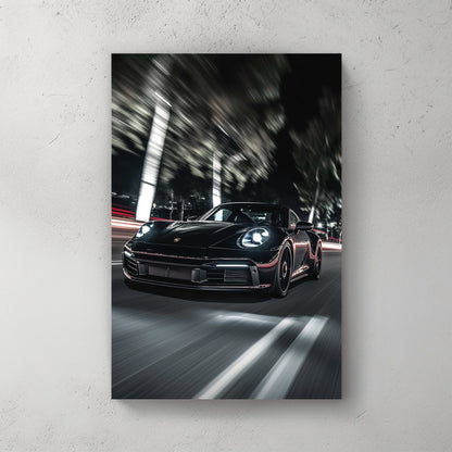 porsche wall art with night motion blur effect