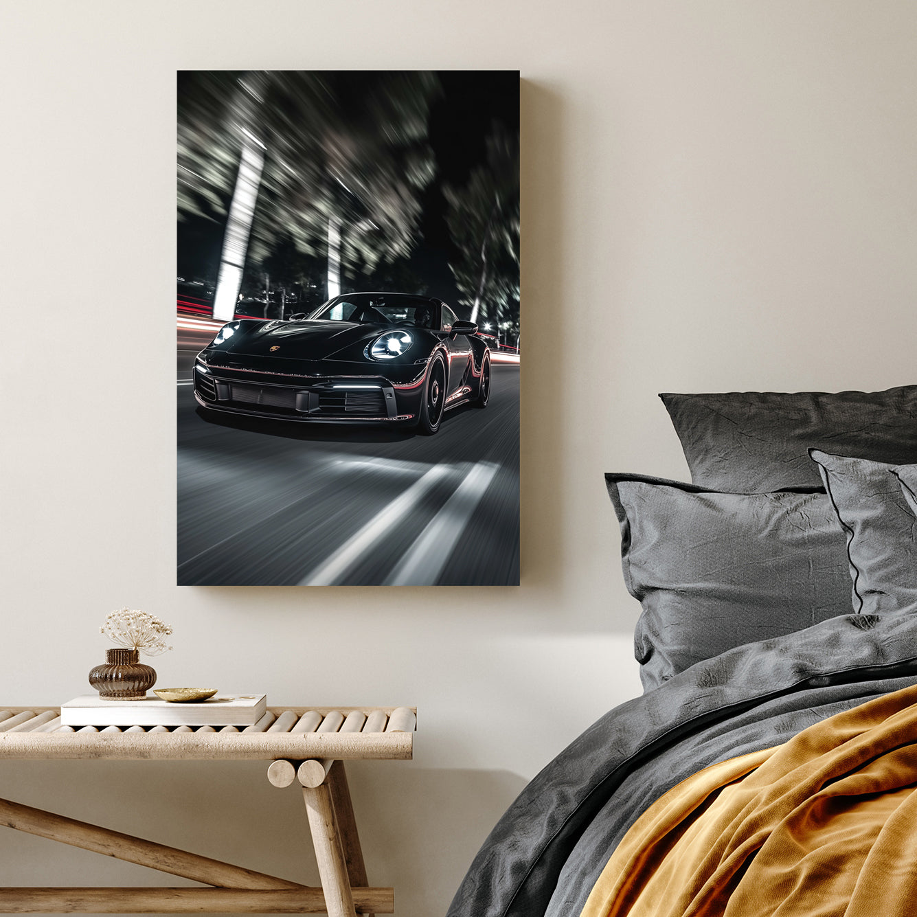 porsche wall art with night motion blur effect