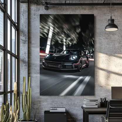 porsche wall art with night motion blur effect