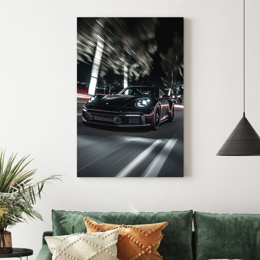porsche wall art with night motion blur effect