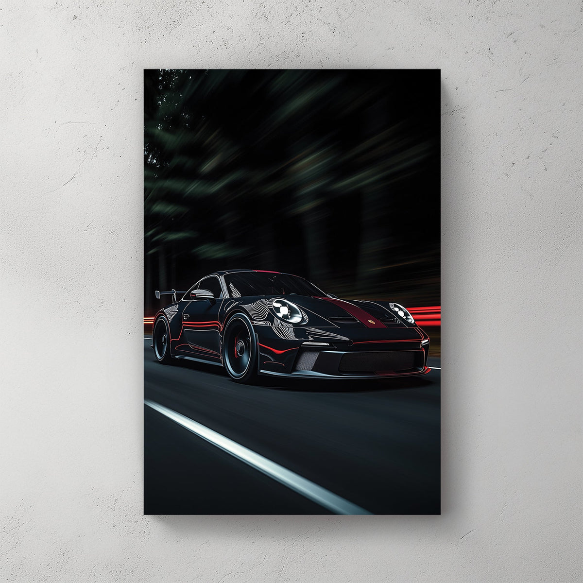 porsche wall art night racing scene with red stripe