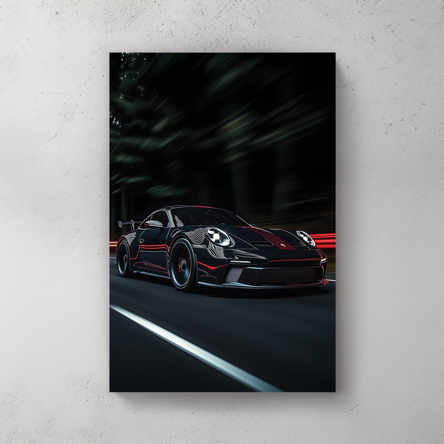 porsche wall art night racing scene with red stripe