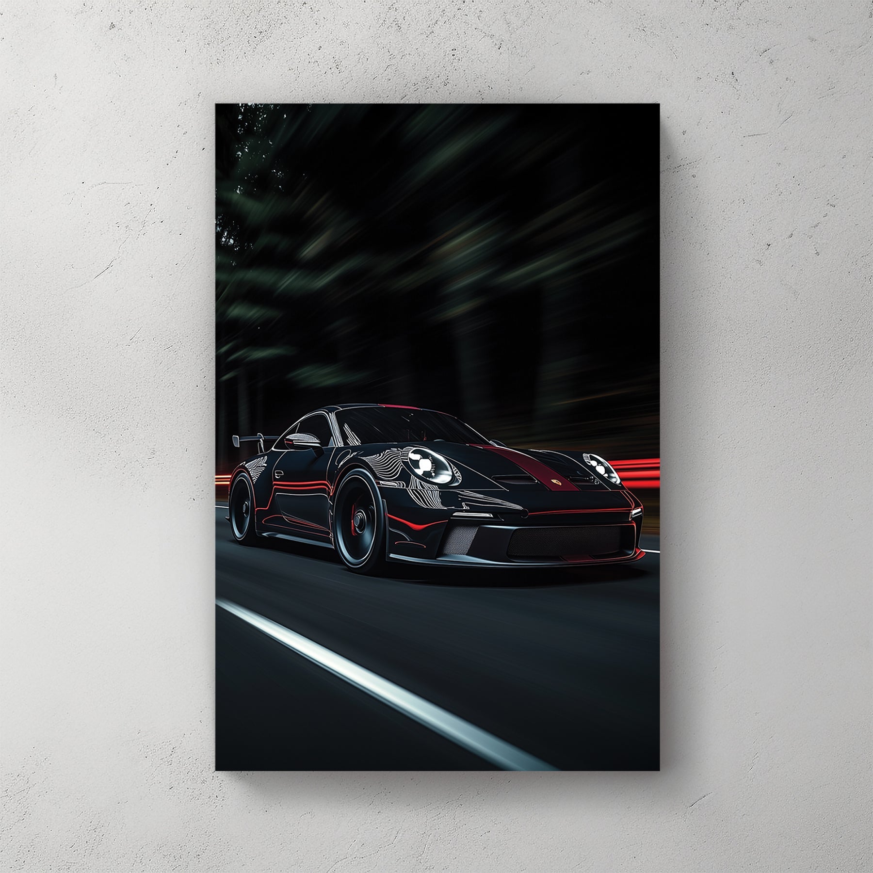 porsche wall art night racing scene with red stripe