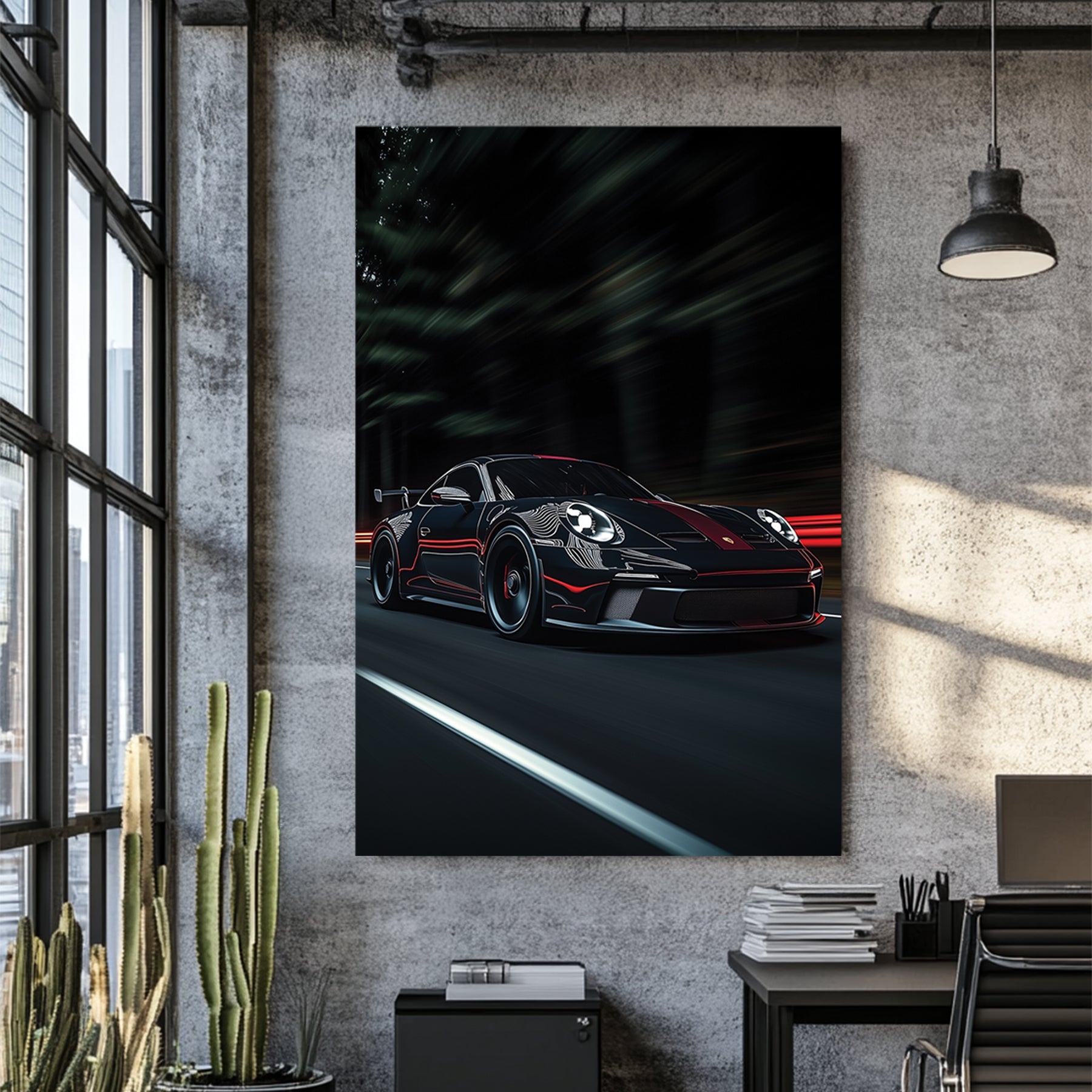 porsche wall art night racing scene with red stripe