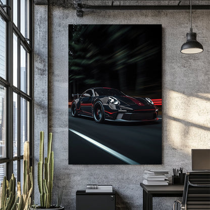 porsche wall art night racing scene with red stripe
