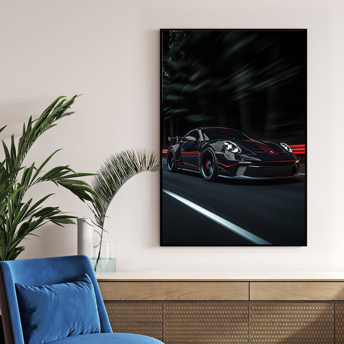 porsche wall art night racing scene with red stripe