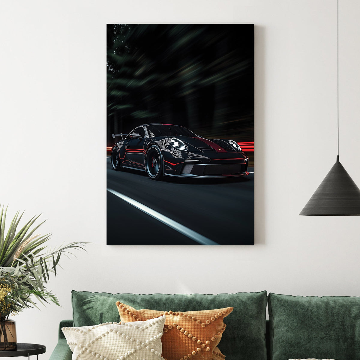 porsche wall art night racing scene with red stripe