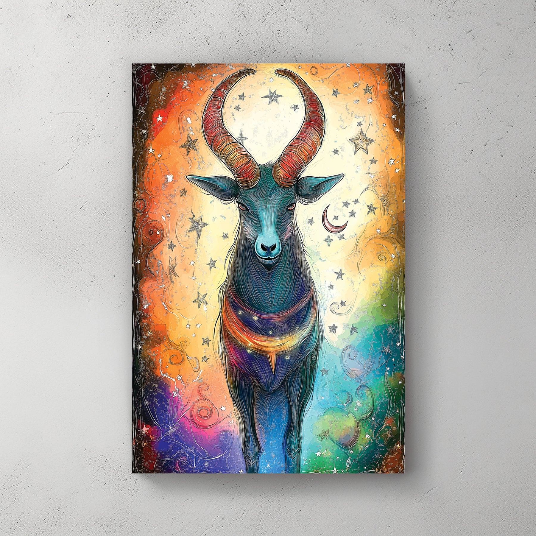 capricorn zodiac wall art with colourful cosmic background