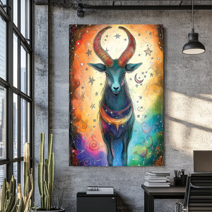 capricorn zodiac wall art with colourful cosmic background