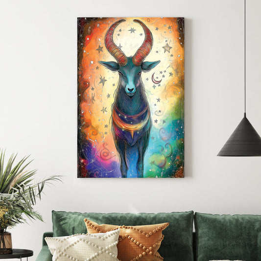 capricorn zodiac wall art with colourful cosmic background
