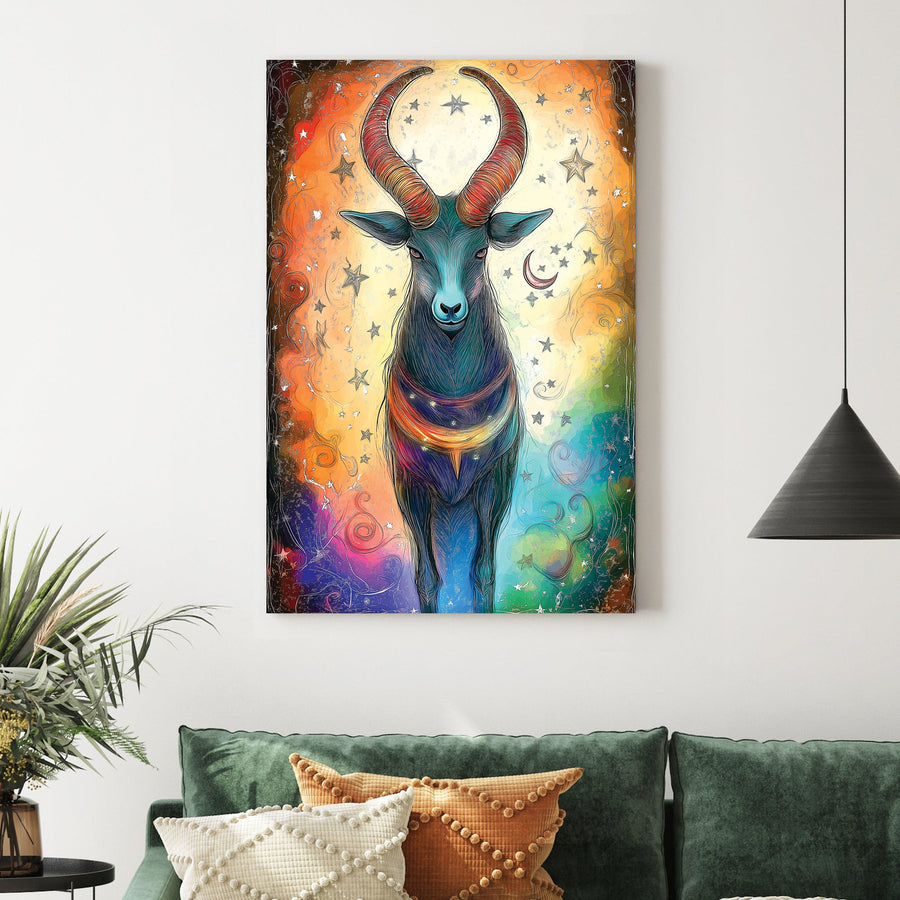 capricorn zodiac wall art with colourful cosmic background