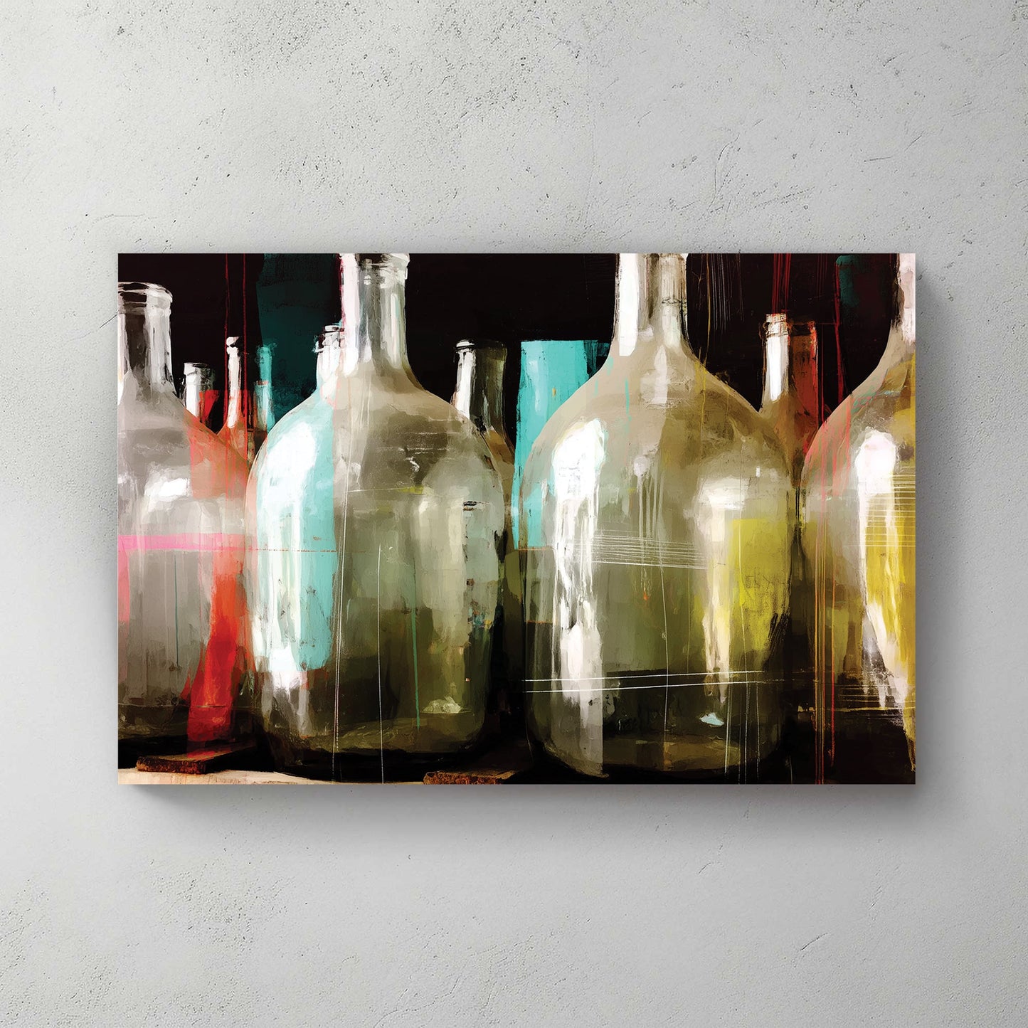 abstract painting of colourful vintage glass bottles