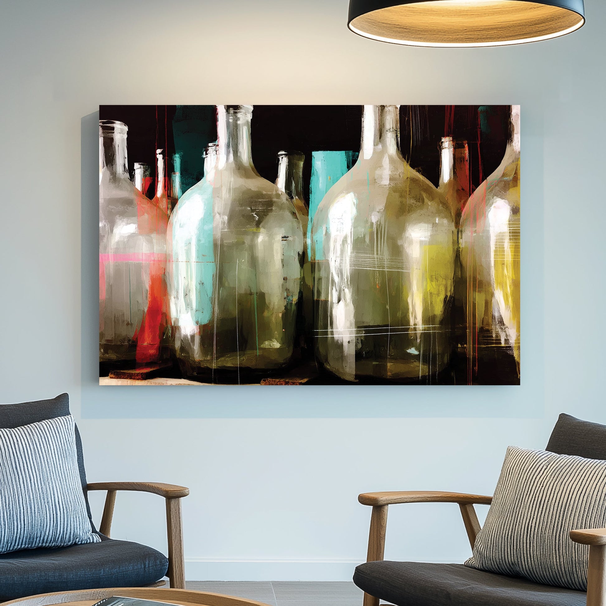 abstract painting of colourful vintage glass bottles