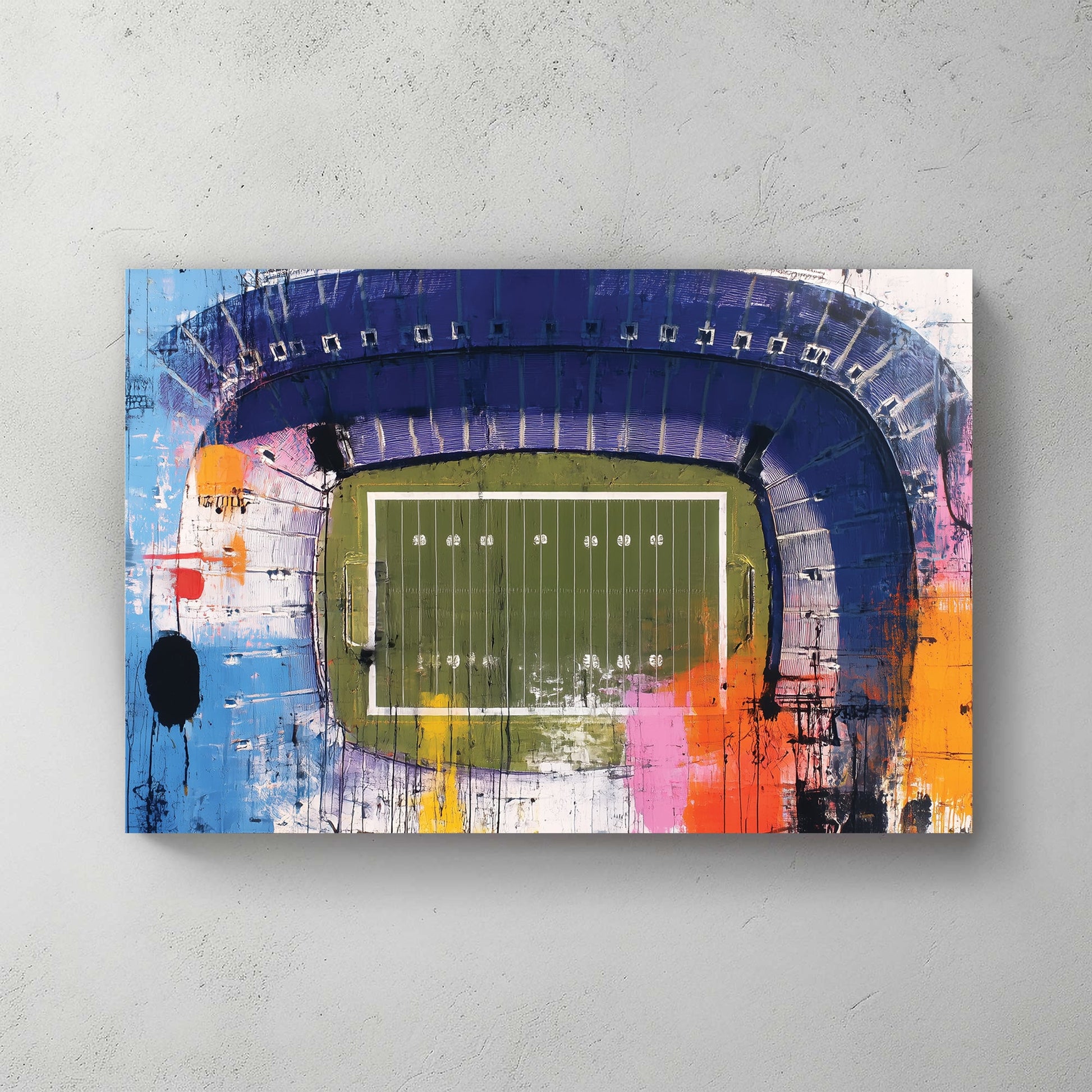 Abstract aerial painting of football stadium with colourful paint splashes
