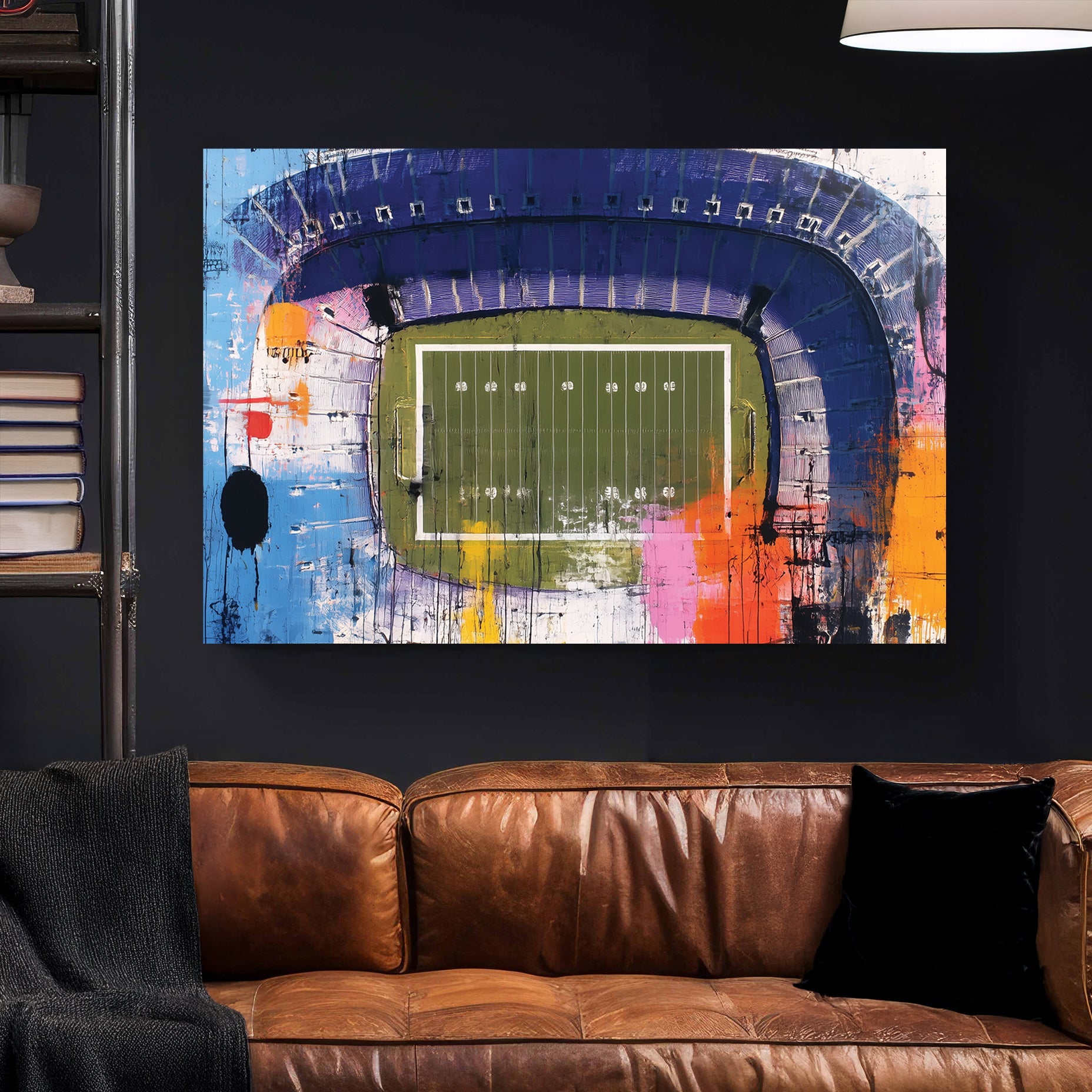 Abstract aerial painting of football stadium with colourful paint splashes