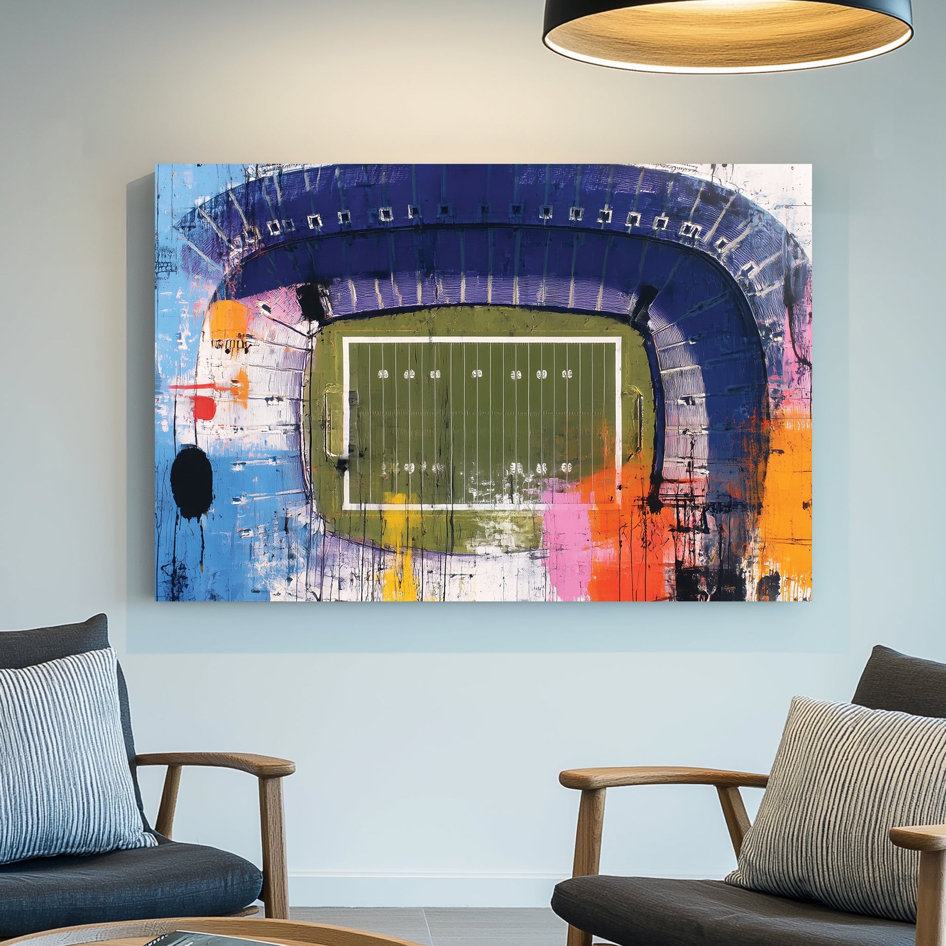 Abstract aerial painting of football stadium with colourful paint splashes