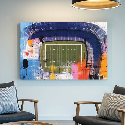 Abstract aerial painting of football stadium with colourful paint splashes