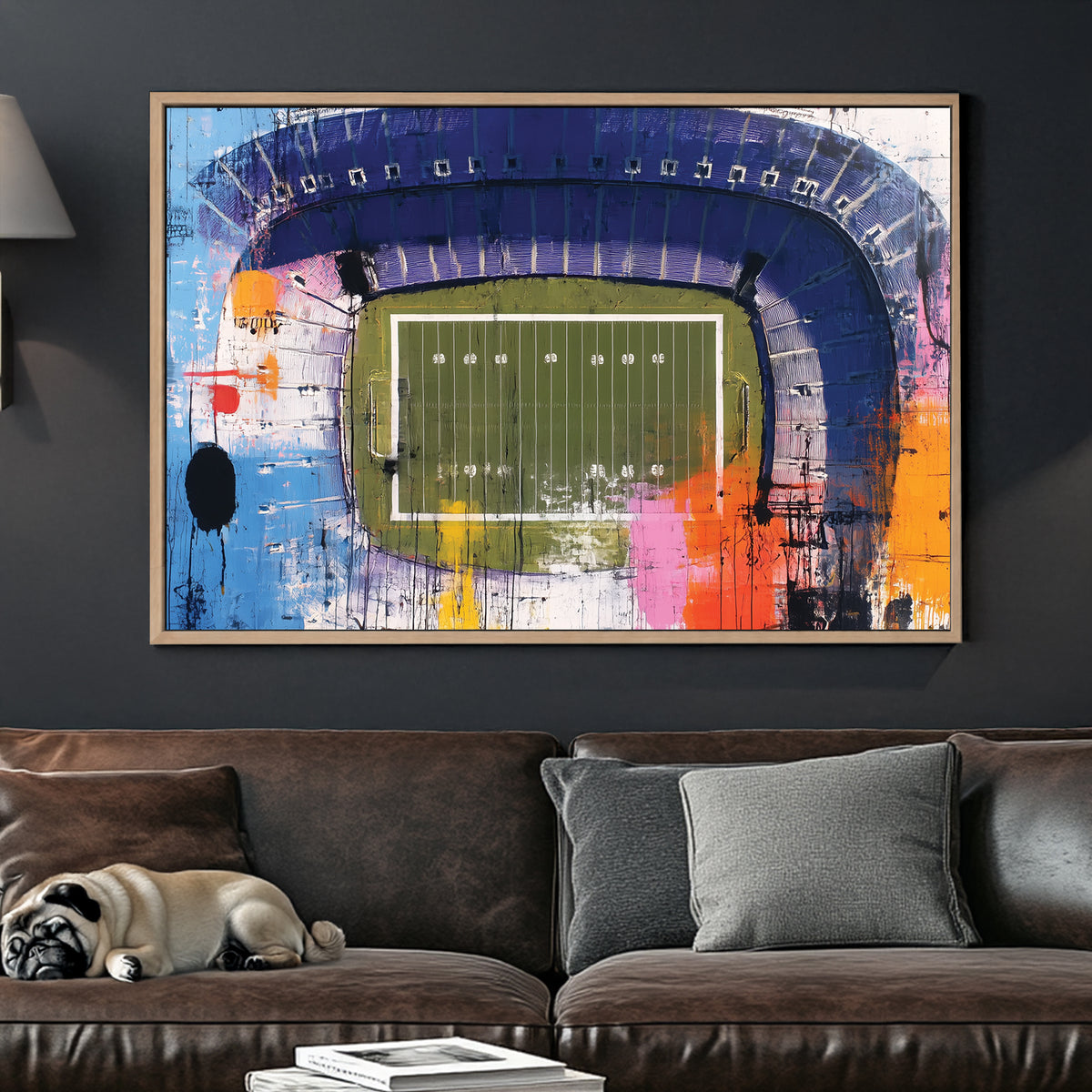 Abstract aerial painting of football stadium with colourful paint splashes