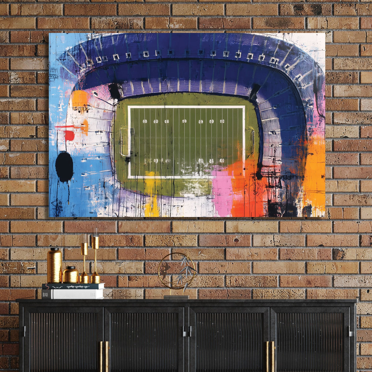 Abstract aerial painting of football stadium with colourful paint splashes