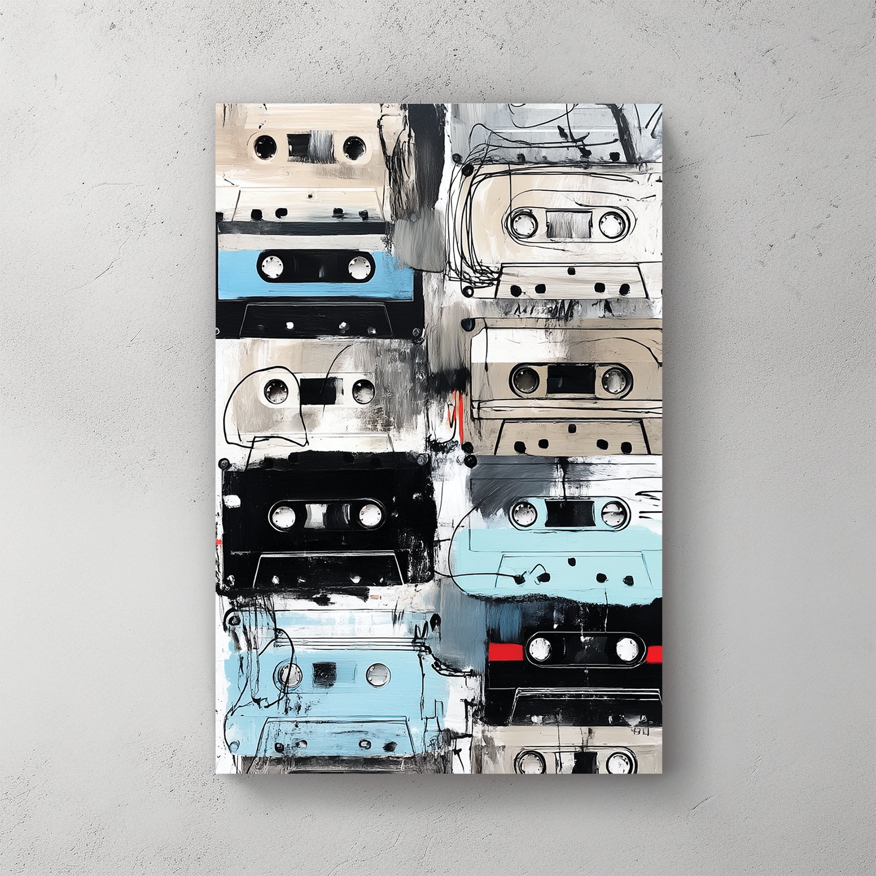 grunge-style painting of vintage cassette tapes in neutral and blue tones