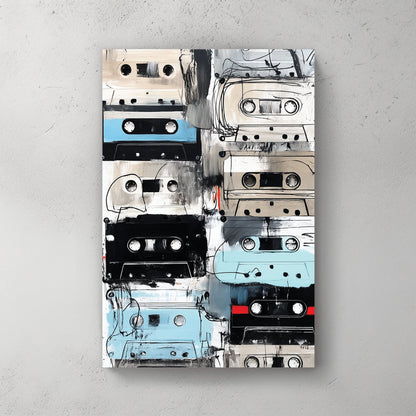 grunge-style painting of vintage cassette tapes in neutral and blue tones