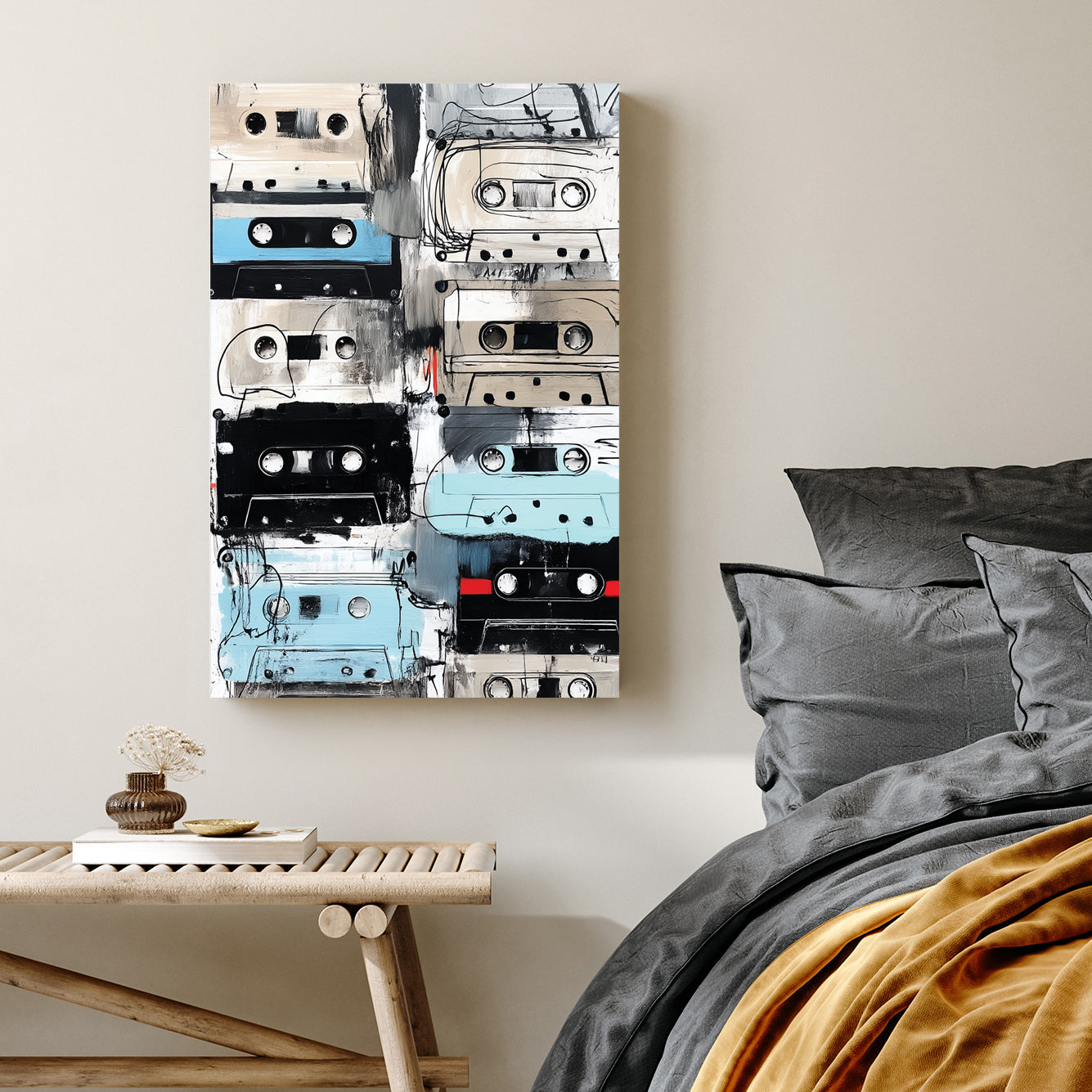 grunge-style painting of vintage cassette tapes in neutral and blue tones